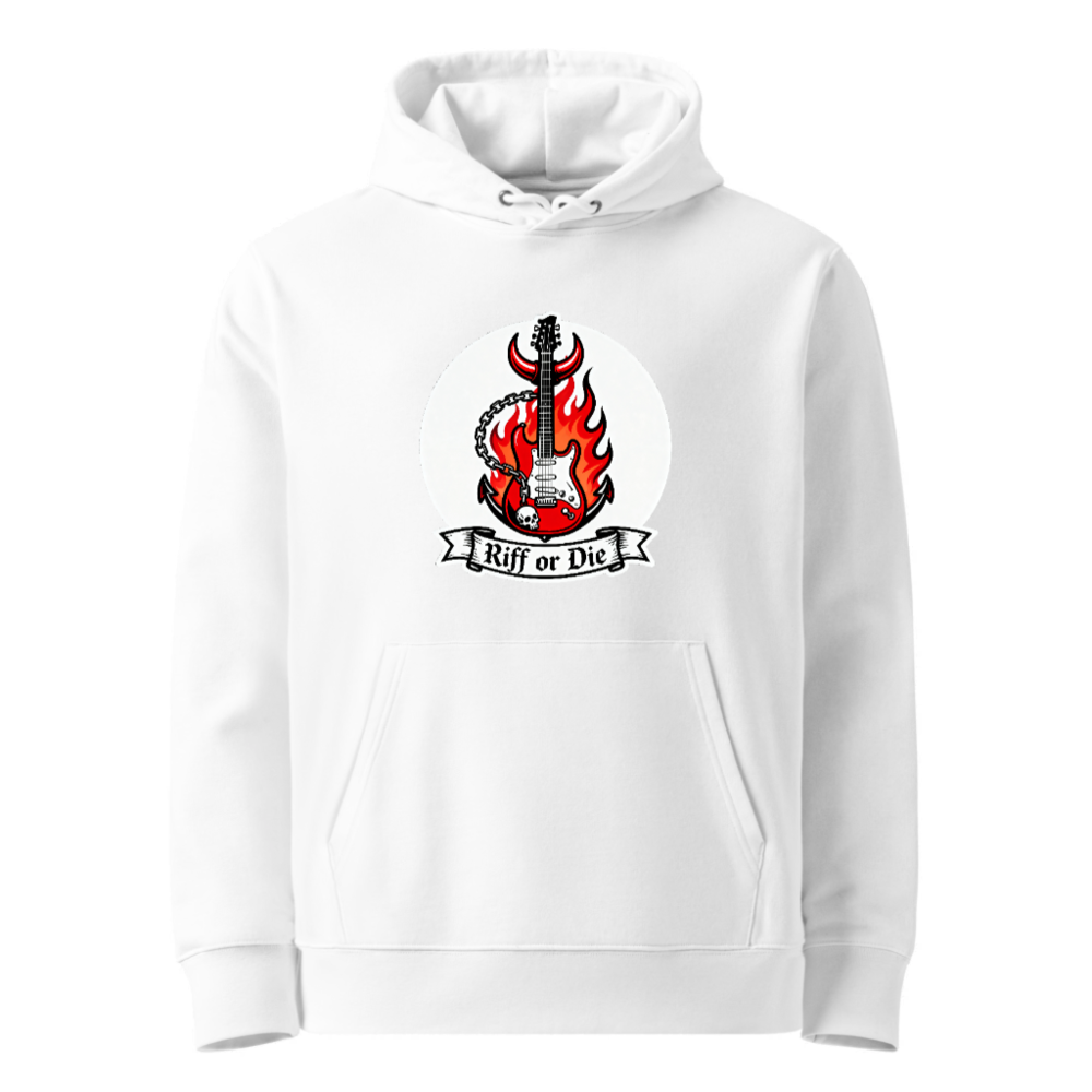 Unisex Eco Hoodie - Riff or Die Guitar Flame Design, Sustainable Soft Sweatshirt