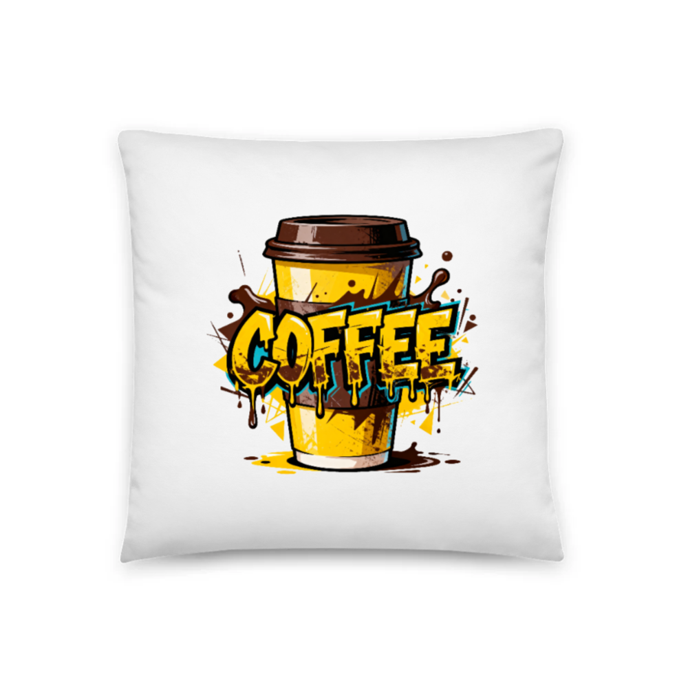 18x18" Coffee Cup Pillow - Vibrant Graffiti Design, Soft Cotton Blend