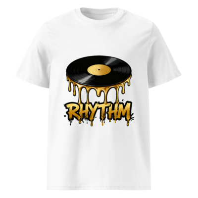 Unisex Organic Cotton T-Shirt | Vinyl Record Rhythm Design - Dripping Gold
