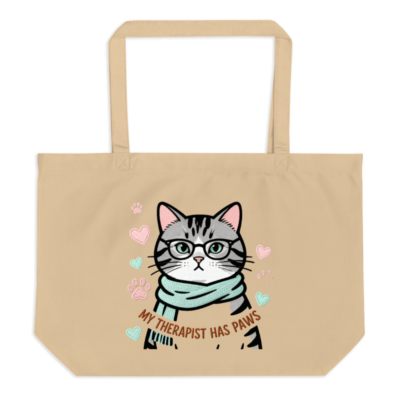 Organic Tote Bag with Therapist Cat Design | Eco-Friendly Large Canvas Bag