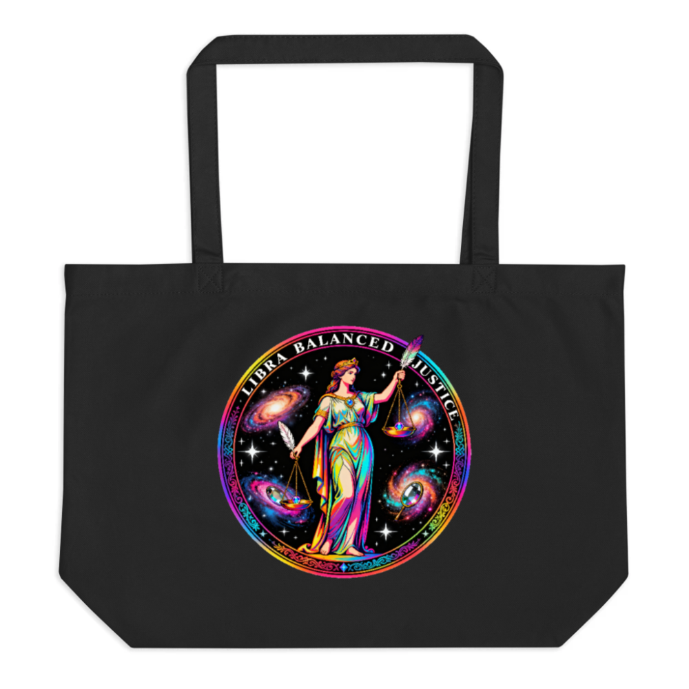 Large Black Organic Tote Bag | Libra Balanced Justice Cosmic Design