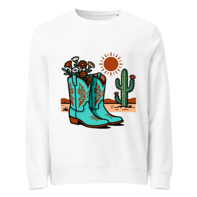 Unisex Organic Cotton Sweatshirt | Blue Cowboy Boots & Cactus Desert Design