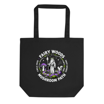 Eco Black Tote Bag | Fairy Woods Mushroom Path Design - Sustainable Canvas Tote