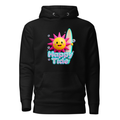 Happy Tide Unisex Premium Pullover Hoodie - Surf Sun Design, Black