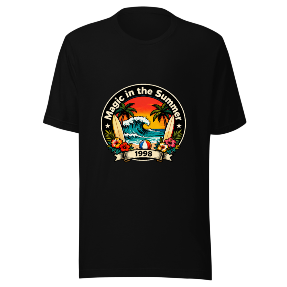 Unisex Staple T-Shirt - Magic in the Summer 1998 Surf Design, Black