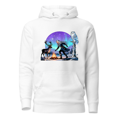 Unisex Premium Pullover Hoodie - Winter Warrior with Reindeer & Owl, Aurora Borealis Design