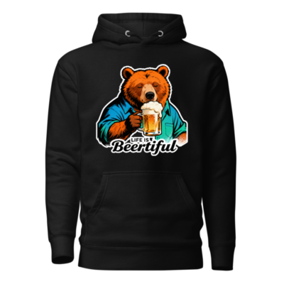 Unisex Premium Pullover Hoodie - Bear Drinking Beer, 'Life is Beertiful' Funny Design