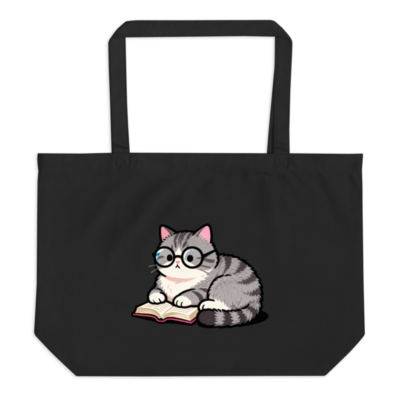 Large Black Organic Tote Bag with Cute Reading Cat Design