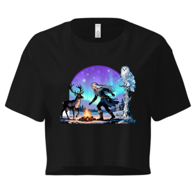 Women's Crop Top with Reindeer & Owl Winter Magic Design - Black