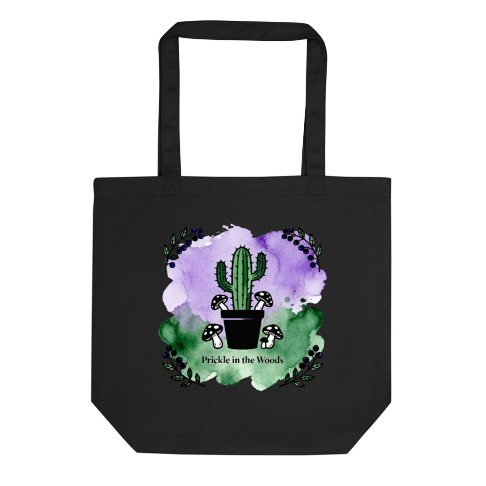 Eco Black Tote Bag | Prickle in the Woods Cactus & Mushrooms Design