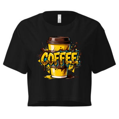 Women's Coffee Cup Crop Top - Yellow Graphic Tee, Trendy Short Sleeve