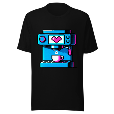 Pixel Heart Coffee Machine Unisex T-Shirt | Blue & Pink Retro Gaming Design