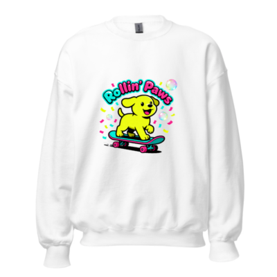 Unisex Rollin' Paws Skateboard Dog Sweatshirt - Bright Yellow Puppy on Deck