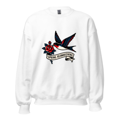 Spring Reawakening Sweatshirt - Unisex Crew Neck, Vintage Bird & Rose Tattoo Design
