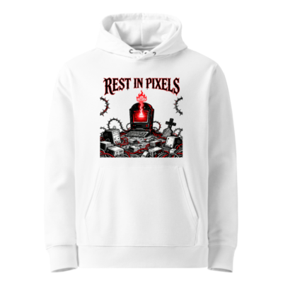 Rest in Pixels Unisex Eco Hoodie - White Essential Sweatshirt with Digital Graveyard Art