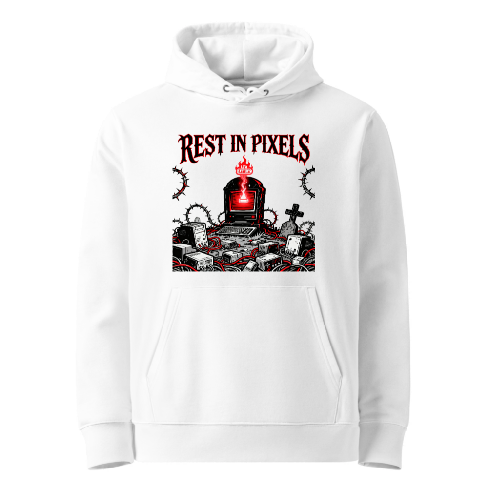 Rest in Pixels Unisex Eco Hoodie - White Essential Sweatshirt with Digital Graveyard Art