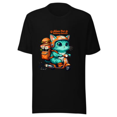Unisex Alien Pet Delivery Service T-Shirt - Cute Cat on Scooter with Burger & Sushi