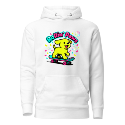 Unisex Premium Pullover Hoodie - Rollin' Paws Yellow Puppy Skateboard Design