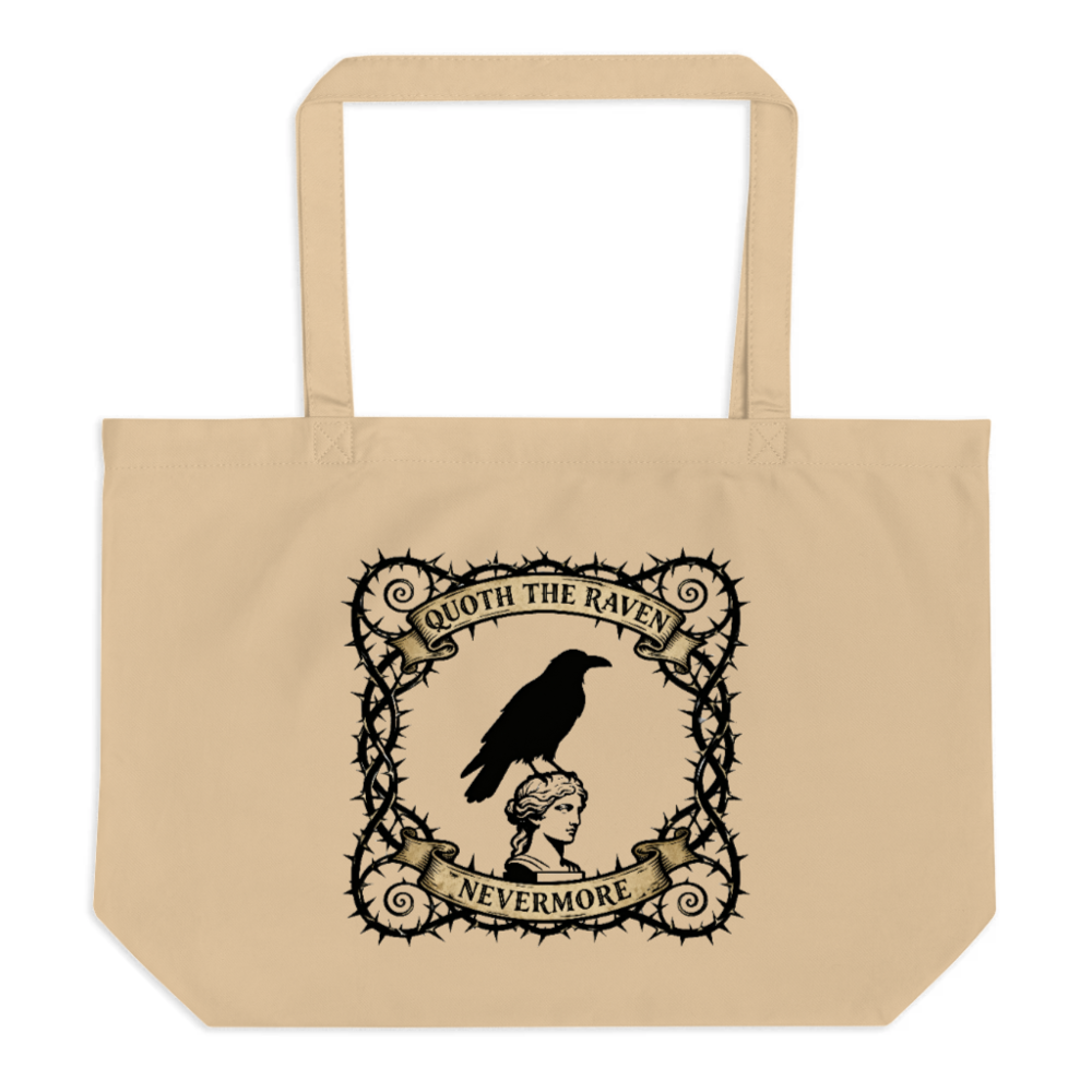Organic Tote Bag with Quoth the Raven Nevermore Design | Eco-Friendly Large Canvas Tote