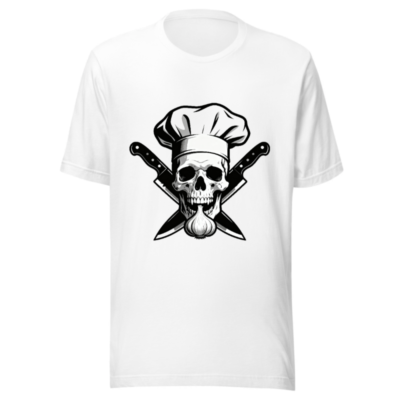 Skull Chef Hat & Knives T-Shirt - Unisex Staple Tee, Garlic Detail, Black & White Graphic