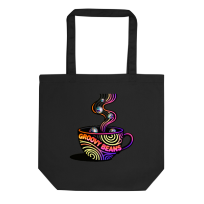 Eco Black Tote Bag | Groovy Beans Disco Coffee Cup Design
