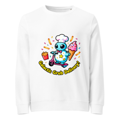 Unisex Organic Sweatshirt | Galactic Grub Delivery Alien Chef Scooter Design