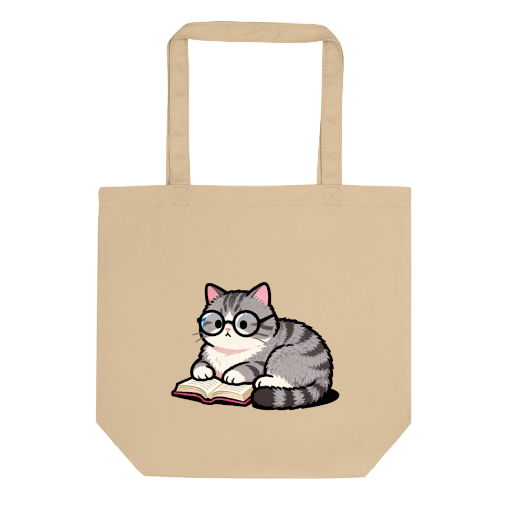 Eco Oyster Tote Bag | Sustainable Cotton Tote with Cute Cat Reading Book Design