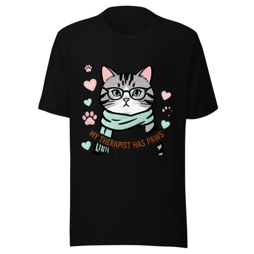 Unisex T-Shirt: My Therapist Has Paws Cat with Glasses & Scarf - Soft Comfort Fit