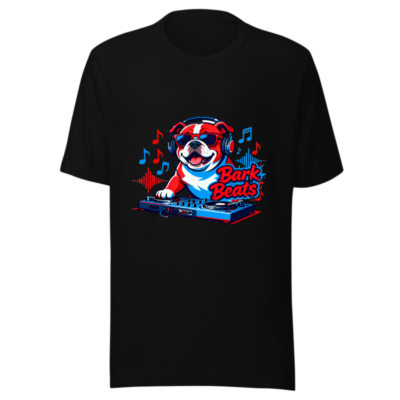 Bark Beats DJ Bulldog Unisex T-Shirt - Red/Blue Graphic Tee