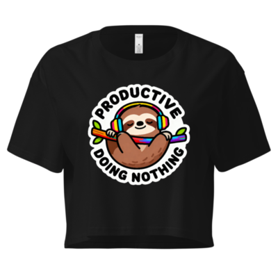 Women's Crop Top - Productive Doing Nothing Sloth Graphic Tee, Rainbow Headphones & Branch Design
