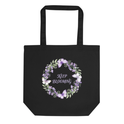 Eco Black Tote Bag | Keep Blooming Floral Wreath Design, Sustainable Cotton Tote