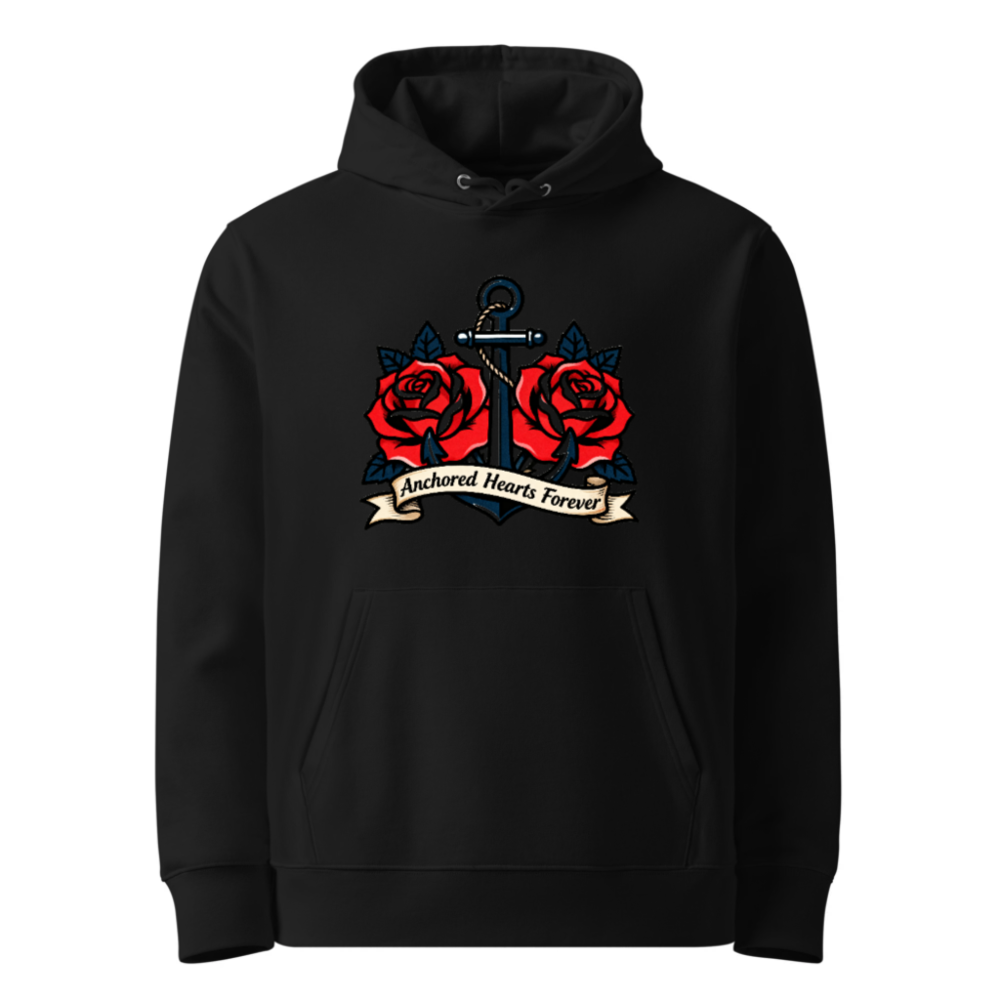 Anchored Hearts Forever Hoodie | Unisex Eco-Friendly Sweatshirt with Nautical Rose Tattoo Design