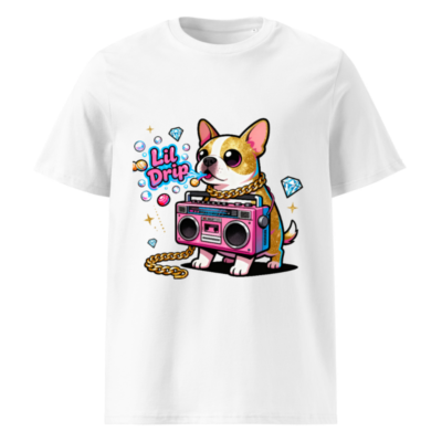Unisex Organic Cotton T-Shirt | Lil Drip Chihuahua with Boombox & Gold Chain