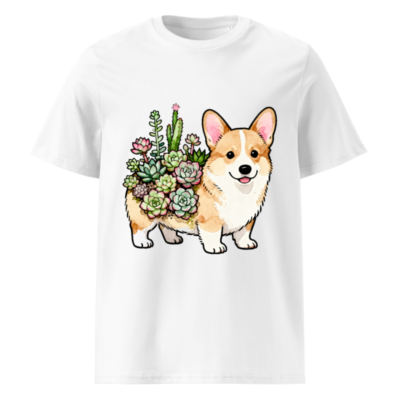 Unisex Organic Cotton T-Shirt with Corgi & Succulent Garden Design