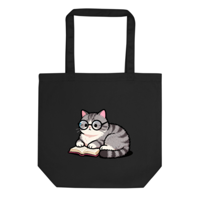Eco Black Tote Bag with Cute Reading Cat Design | Sustainable Cotton Tote