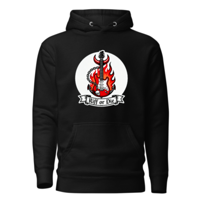 Unisex Riff or Die Electric Guitar Hoodie - Premium Pullover with Flame & Skull Design