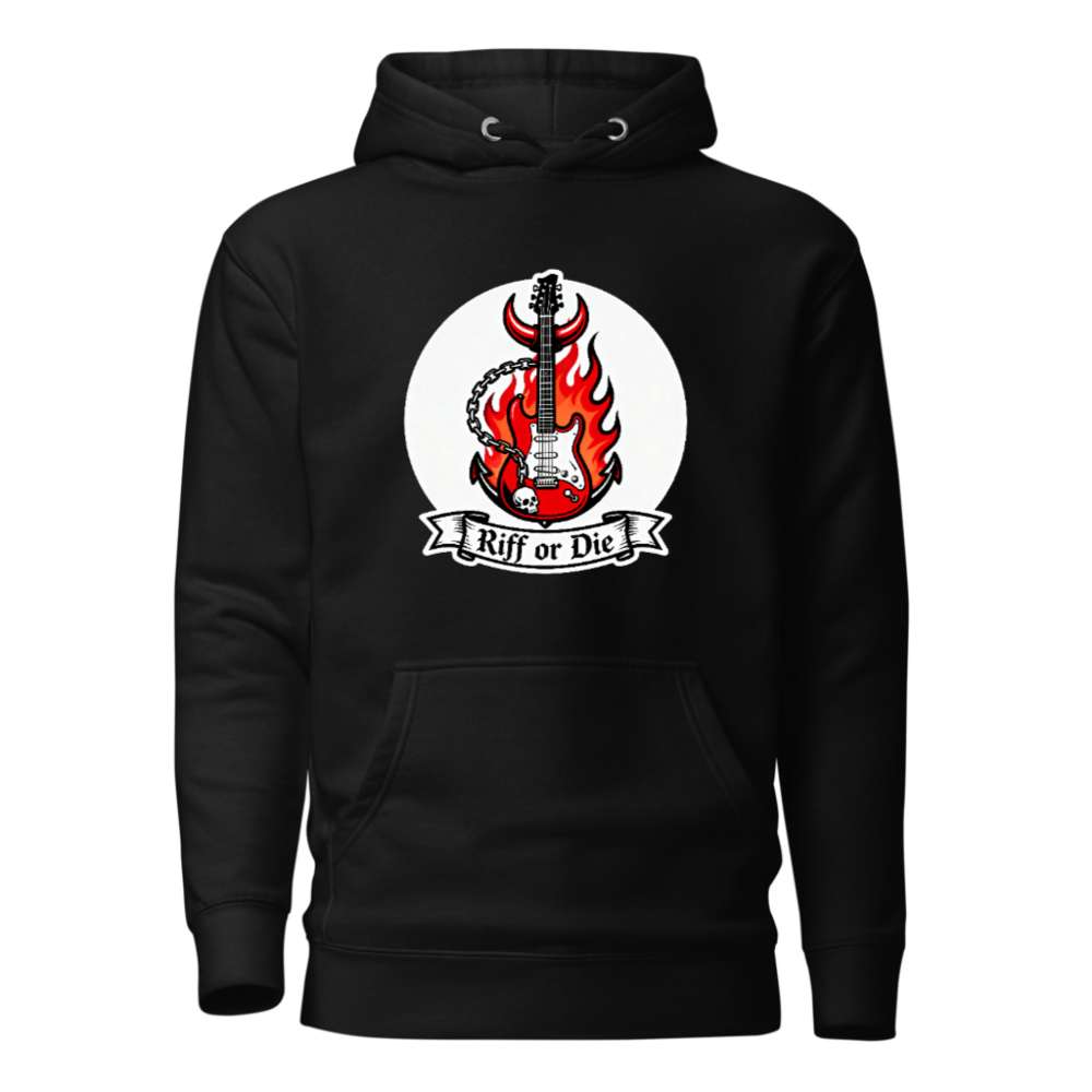 Unisex Riff or Die Electric Guitar Hoodie - Premium Pullover with Flame & Skull Design