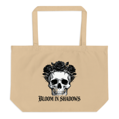 Organic Tote Bag with Skull & Black Roses Design | Bloom in Shadows