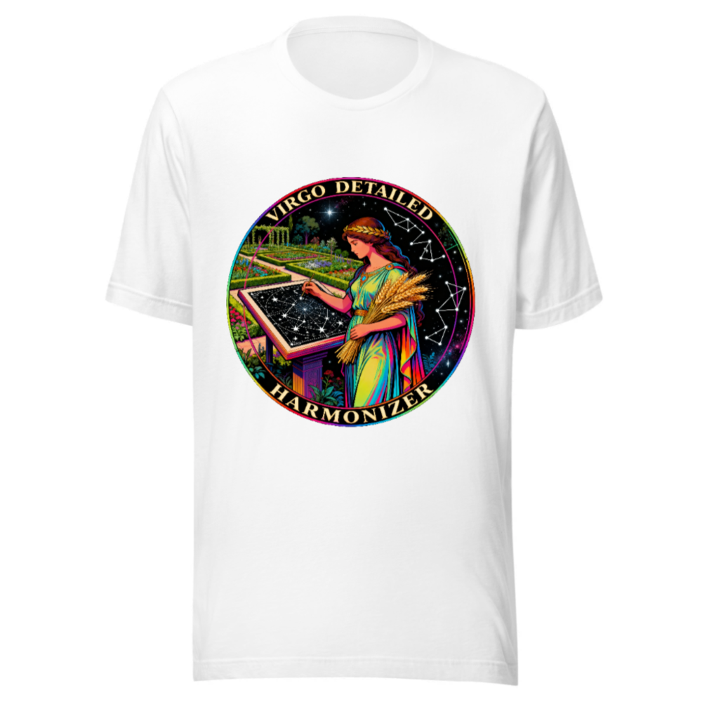 Virgo Detailed Harmonizer Unisex T-Shirt - Rainbow Virgo Goddess Astrology Design