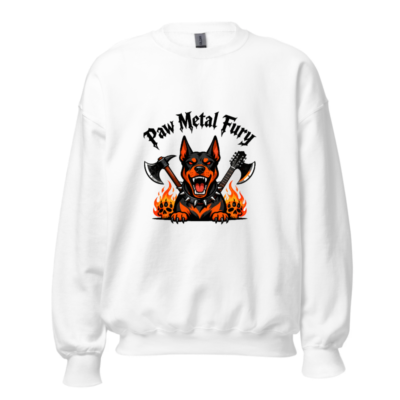 Paw Metal Fury Unisex Crew Neck Sweatshirt | Black & Orange Dog with Axes, Flames & Skulls