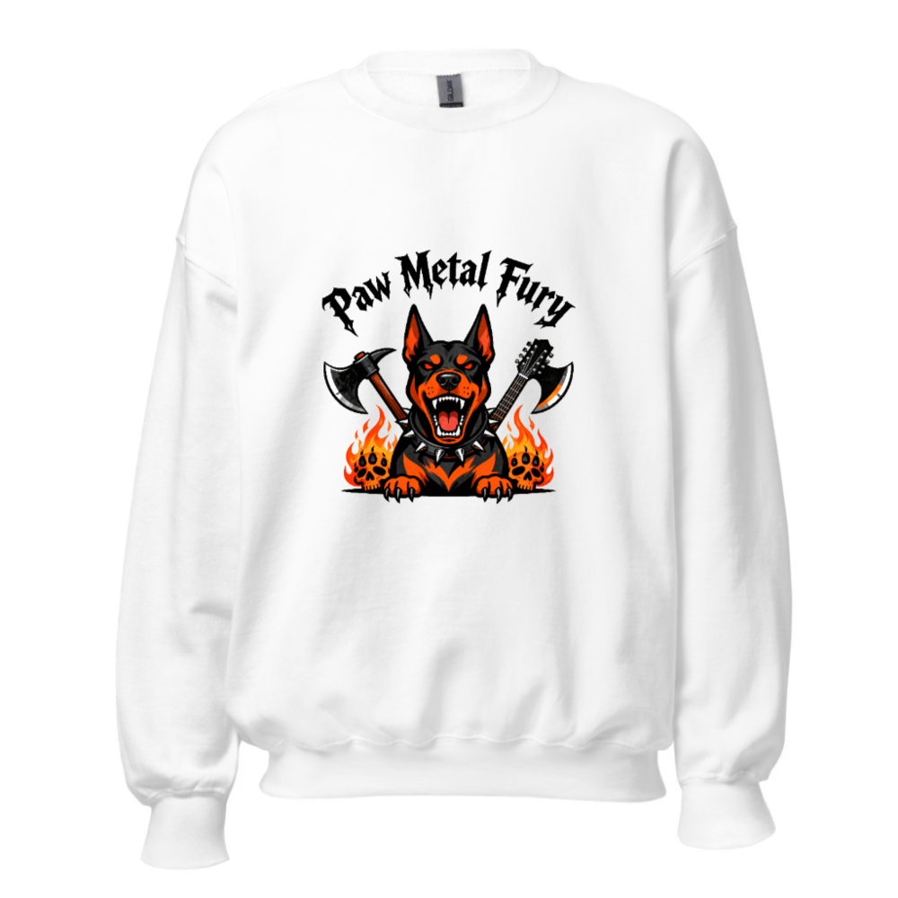 Paw Metal Fury Unisex Crew Neck Sweatshirt | Black & Orange Dog with Axes, Flames & Skulls