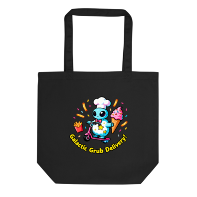 Eco Black Tote Bag | Galactic Grub Delivery! Reusable Grocery Tote with Alien Chef Design