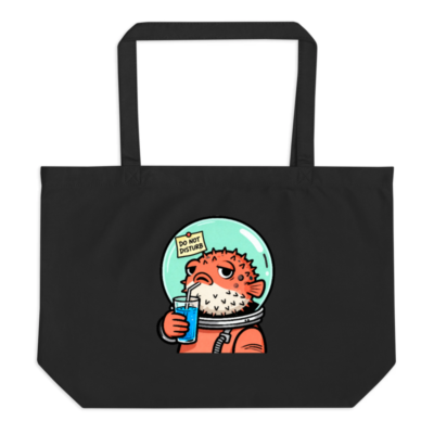 Organic Tote Bag, Large Black Eco-Friendly Canvas Tote with Pufferfish Astronaut Design