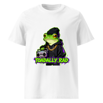 Toadally Rad Unisex Organic Cotton T-Shirt | Green Frog with Boombox & Gold Chain