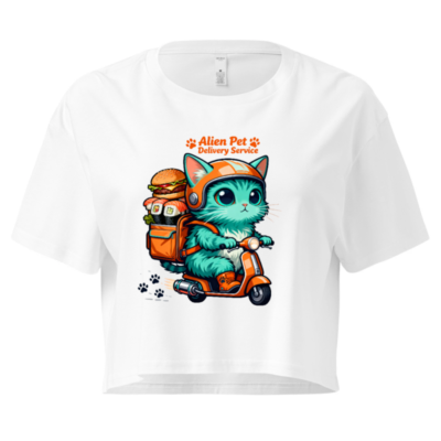 Alien Pet Delivery Service Women's Crop Top - Cute Cat on Scooter, Orange & Teal Design