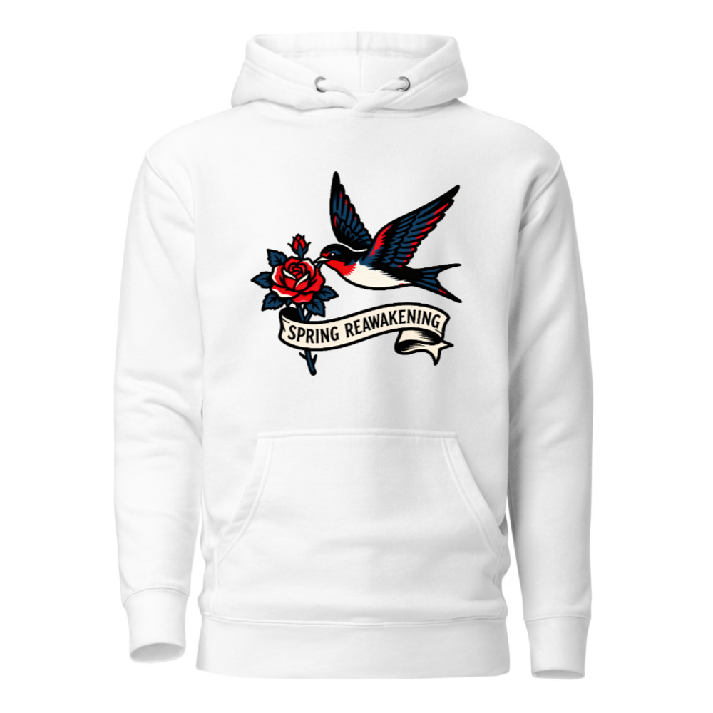 Spring Reawakening Hoodie - Unisex Premium Pullover with Bird & Rose Tattoo Design