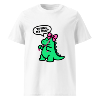 Unisex Organic Cotton T-Shirt - Green Dino with Pink Bow, 'Trying My Best' Graphic