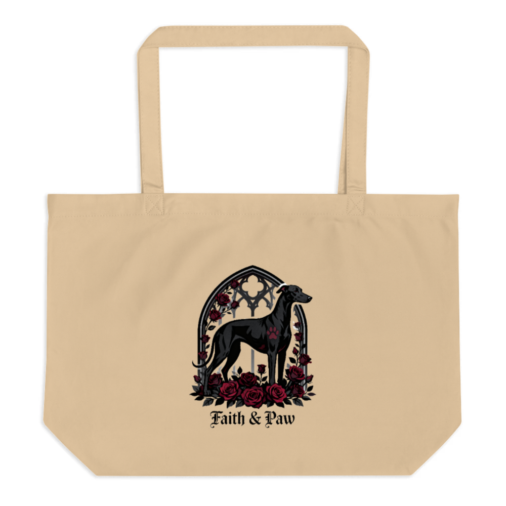 Large Organic Tote Bag with Gothic Greyhound & Roses Design | Faith & Paw