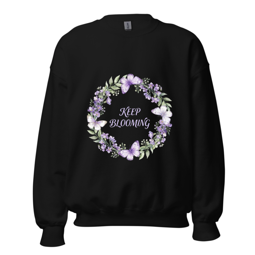 Unisex Crew Neck Sweatshirt - Keep Blooming Floral Butterfly Design, Black
