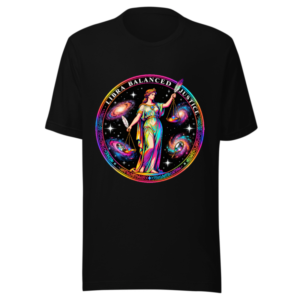 Unisex Rainbow Libra Balanced Justice T-Shirt - Cosmic Scales Design